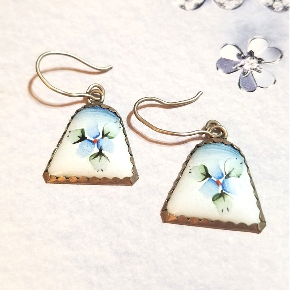 Vintage Sterling Russian Enamel Hand Painted Dangle Earrings